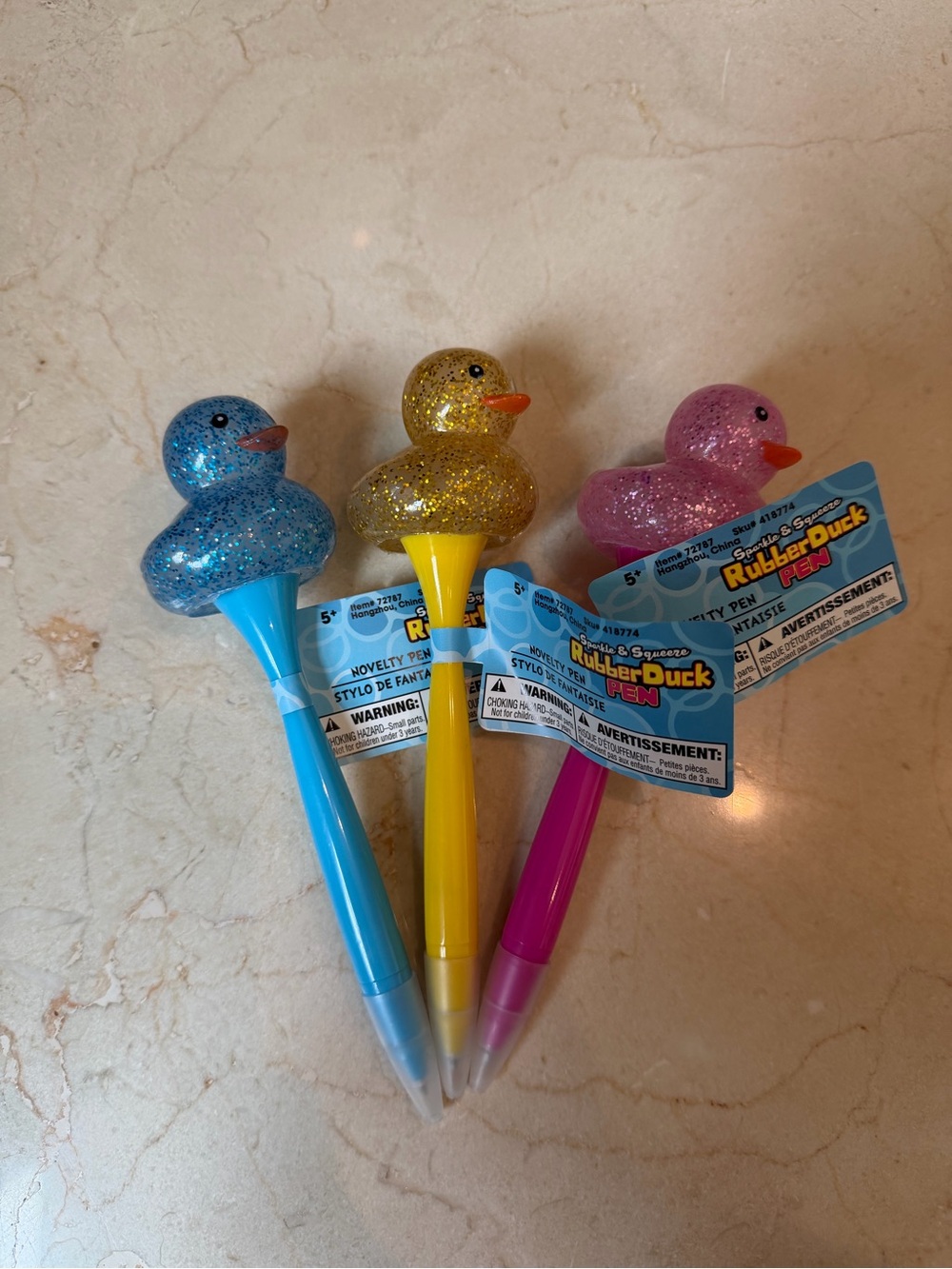 Glitter Rubber Duck Novelty Pens - Blue, Yellow & Pink - Party Favor Pack